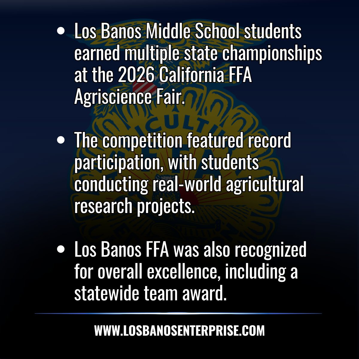 LosBanosCaNews's tweet image. Los Banos students earned multiple state titles at the California FFA Agriscience Fair 🏆

Competing against 350+ projects, these middle schoolers brought home top honors and statewide recognition.

#LosBanos #FFA #StudentSuccess #CentralValley
