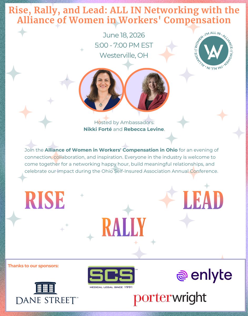 allianceofwomen's tweet image. 🌟 New 🌟
📢 Upcoming Event: Rise, Rally, and Lead: ALL IN Networking with the Alliance of Women in Workers' Compensation
📅  June 18, 2026, 5:00 - 7:00 PM
📍 Westerville, OH
📲 Register now at allianceofwomen.org/event/RiseRall…

#AllianceWC26 #riskmanagement #womenininsurance