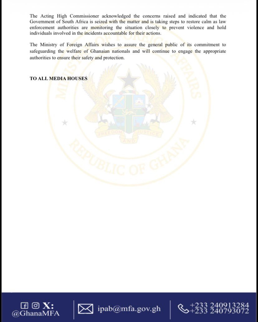 🇬🇭🇿🇦FLASH DIPLOMATIE : Le Ghana convoque l’envoyé sud-africain après les incidents xénophobes visant ses ressortissants en Afrique du Sud. 

Le ministre Okudzeto Ablakwa exprime une « forte préoccupation » pour la dignité des Ghanéens.