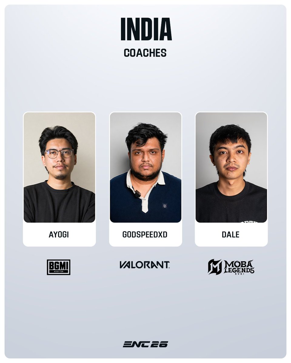 INDEsportsTeam's tweet photo. Introducing Team India’s Coaches for all titles at ENC 🇮🇳🔥

Here to refine, elevate, and unleash the full potential of Team India! 🏆

Show them your love ❤️ in the comments!

#EsportsNationsCup #NodwinGaming #DeshKeLiye #PlayForTheFlag #RiseAsOne

[ENC, Esports Nations Cup, NODWIN Gaming, Upcoming Esports Tournament, Play for India, Rise as One, Team India Coaches]
