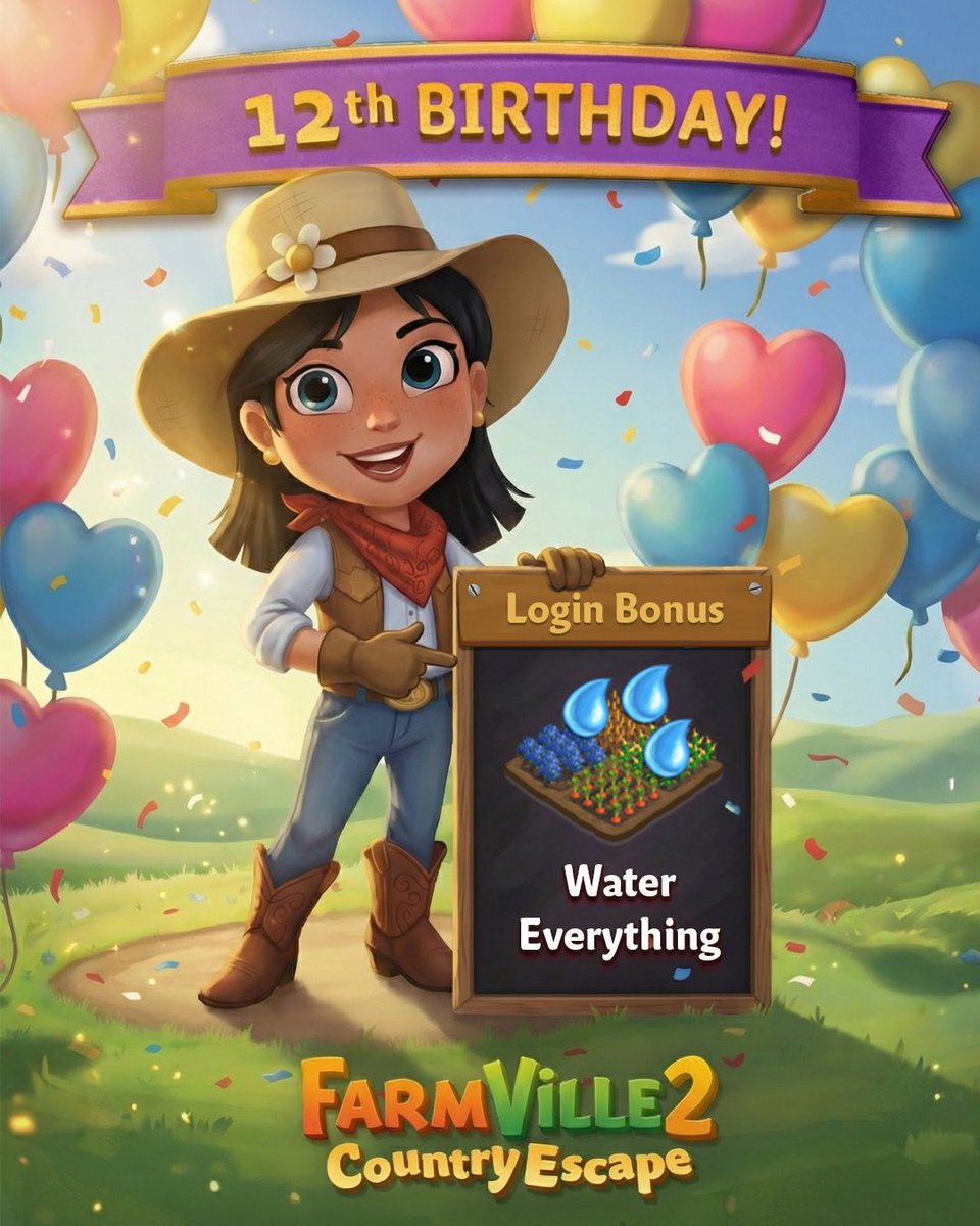 farmville2's tweet photo. FarmVille 2 is celebrating its birthdayโlog in now to activate this special boost! ๐๐โจ
Water all your crops at once for the entire day ๐ง๐ฑโก
Play now: https://t.co/F5tOBPOp3c
#12YearsOfFarmVille #FarmVille #FarmVille2CountryEscape https://t.co/2TVRzgbl5G