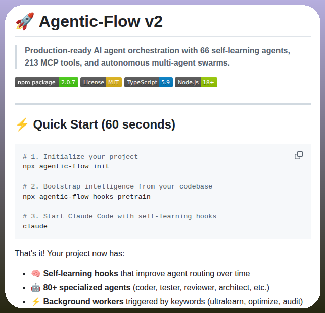 Agentic-Flow v2 README showing production-ready AI agent orchestration with 66 self-learning agents, 213 MCP tools, npm package v2.0.7, MIT license, TypeScript 5.9, Node.js 18+