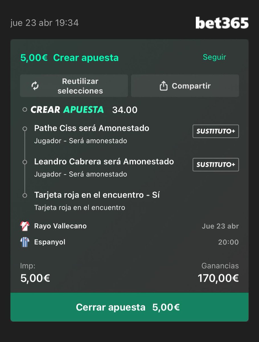 bombopicks's tweet photo. ✅ Dentro el aumento:
Rayo gana + 3+ tarjetas + 6.5+ remates a puerta.

🔥 Y va la loca:
Ciss amonestado + Cabrera amonestado + roja.

#Bombopicks #RayoEspanyol #LaLiga https://t.co/uyGbKIEwTB