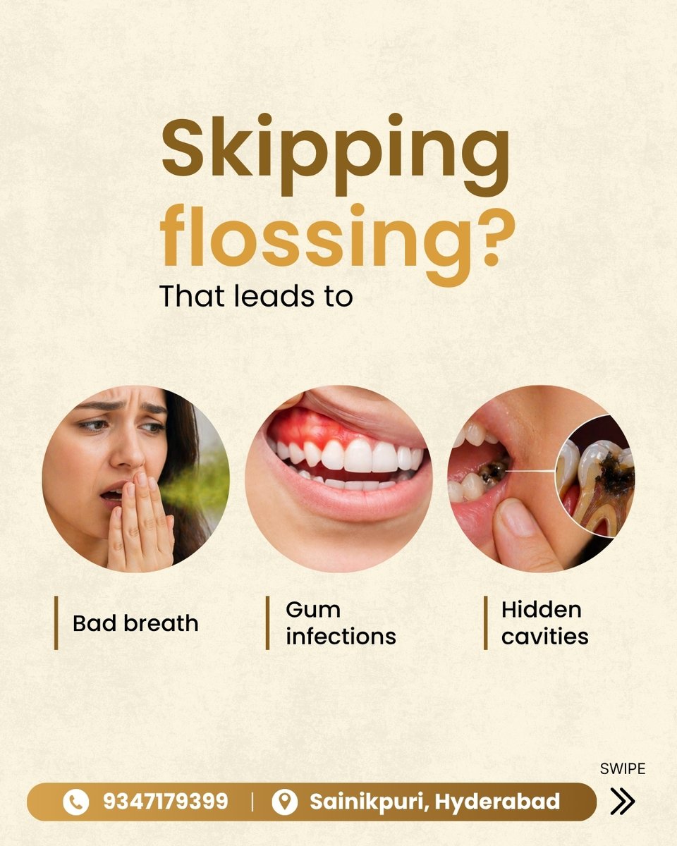 thetoothstory's tweet image. Floss daily, it’s a small habit with big impact 😁

Prevents bad breath, gum infections &amp;amp; hidden cavities.

Don’t skip what your toothbrush can’t reach!

📞 93471 79399
📍 Sainikpuri, Hyderabad

#FlossDaily #OralHealth #HealthySmile #DentalCare