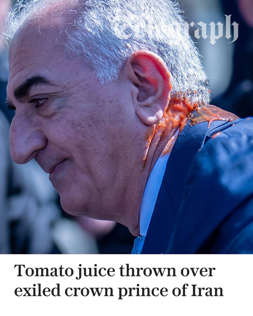 Telegraph's tweet image. 🔴 Reza Pahlavi, the exiled Iranian crown prince, was attacked with tomato juice as he left a press conference in which he denounced the US-Iran ceasefire

🔗: telegraph.co.uk/us/news/2026/0…
