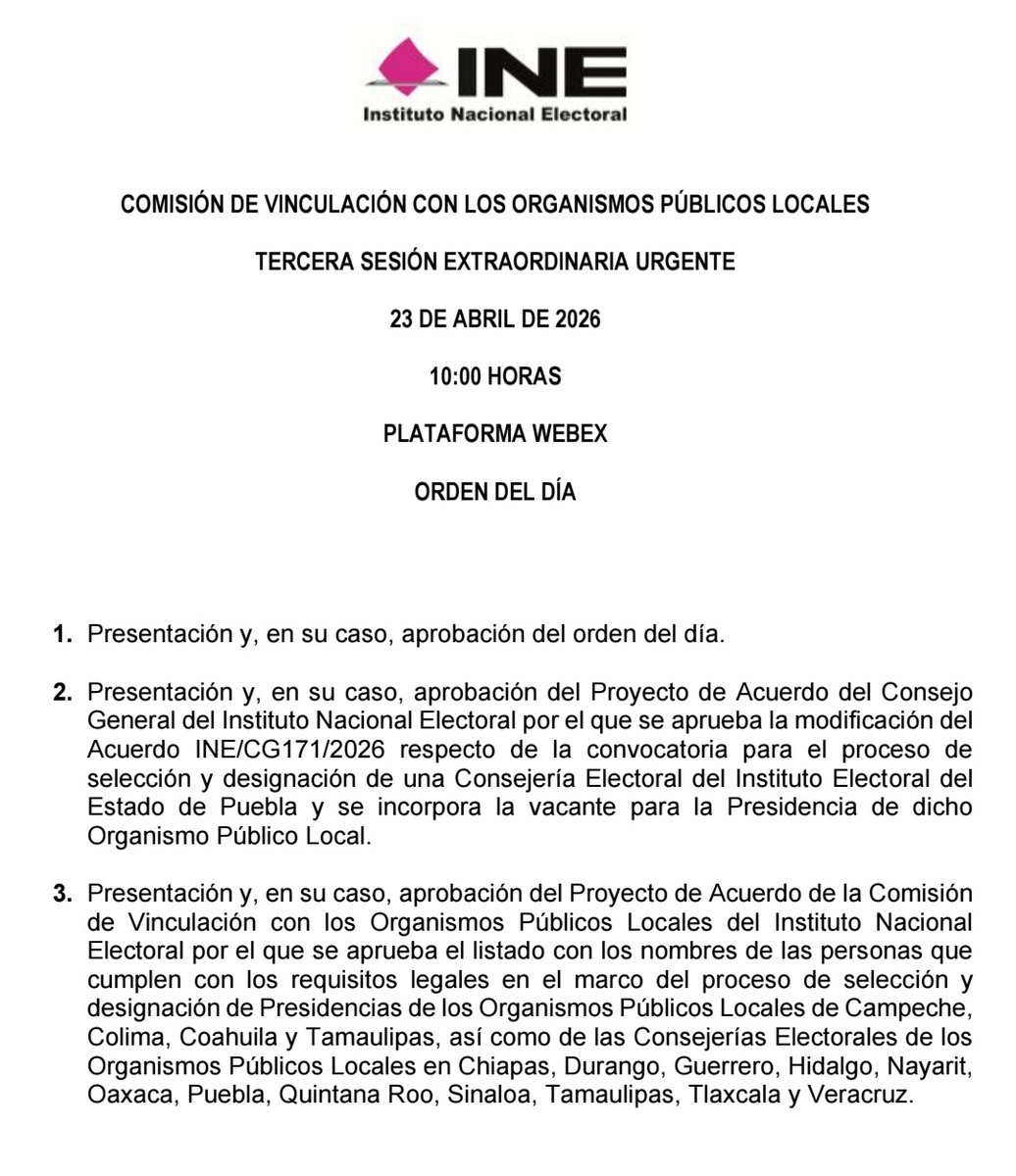 La Comisión de Vinculación con los Organismos Públicos Locales del <a href="/INEMexico/">@INEMexico</a> modificó la convocatoria para el proceso de selección de una consejería del <a href="/Puebla_IEE/">IEE Puebla</a>. 

También elegirá la presidencia del instituto tras la salida de <a href="/BlancaYCG/">Blanca Y. Cruz García</a>