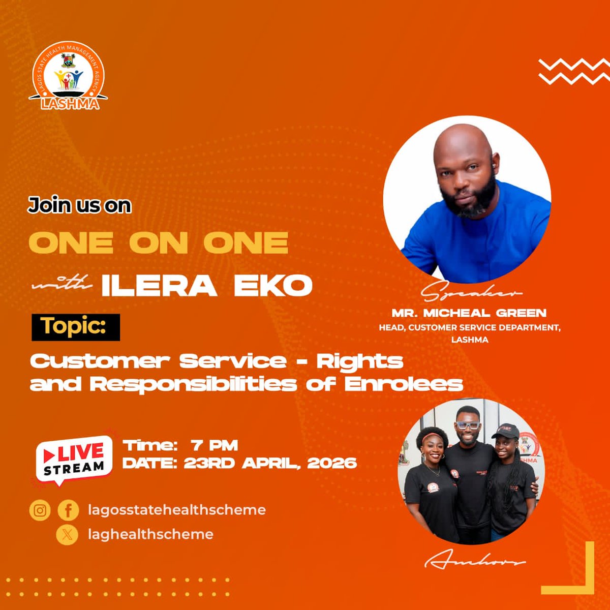 Get to engage with the Head Customer service department LASHMA, 7pm today as we talk about "Customer Service - Rights an Responsibilities of Enrollees"

Don't miss it!
👇🏾👇🏾👇🏾
facebook.com/share/1GpHPWZN…