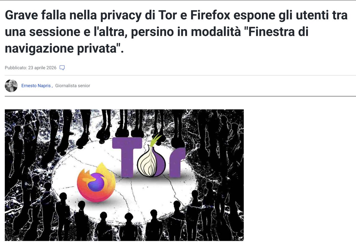 sonoclaudio's tweet image. 1/2
#Fingerprint, azienda specializzata nell'identificazione dei visitatori online, ha scoperto una grave falla in tutti i #browser basati su #Firefox, incluso #Tor. Questi browser rivelano le impronte digitali degli utenti, consentendo ai siti web di tracciare le identità sul