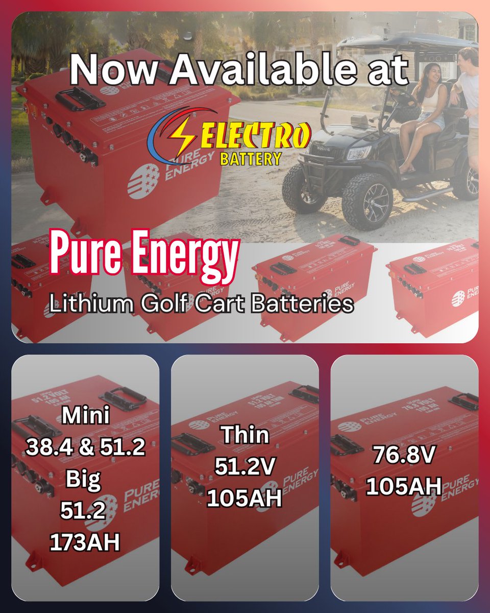 Electrobattery's tweet photo. Discover the lasting power of lithium batteries now available for golf carts at Electro Battery. Enjoy quick recharges, extended lifespan, and maintenance-free convenience. Upgrade to lithium and keep rolling effortlessly. #pureenergy #lithiumgolfcartbatteries #electrobatteryinc https://t.co/a1sm80CGH6