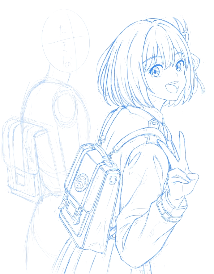 #イラスト 
#リコリス・リコイル 
#リコリコ   

ちさたき 32  

ちさと下描き終了(^^)

顔がいまいち納得いかなかったので描き直しました(*_*)

かなり良くなったと思います

カバン描くの苦手です(*_*)

次、たきな～