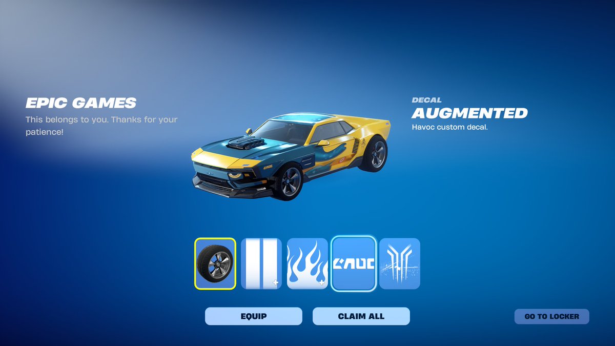 FN_Assist's tweet image. The rest of the Havoc vehicle cosmetics from the Rivals &amp;amp; Rockets #Fortnite Quest are now being granted to those who have already completed it:

- Havoc Wheels
- Stripes
- Flames
- Augmented (Squibbly)
- Ice Vice (Ice King)