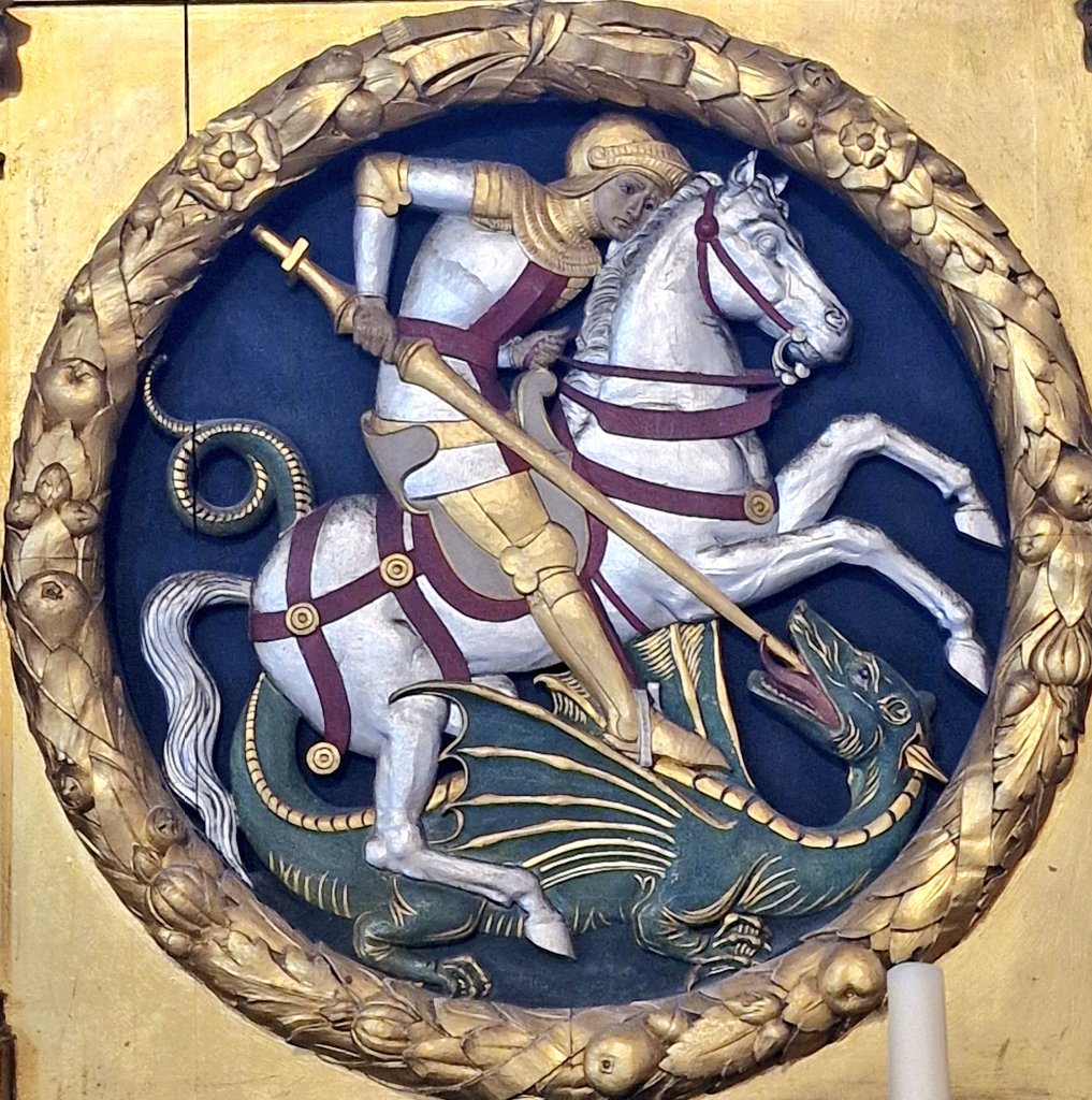 StroudStory's tweet image. A blingy #StGeorge  for #StGeorgesDay in St John the Baptist, #Cardiff - once again, poor dragon! My old storytelling friend Chloe (the Dragon Whisperer) said that this should be #NationalDragonDay, and I quite agree!