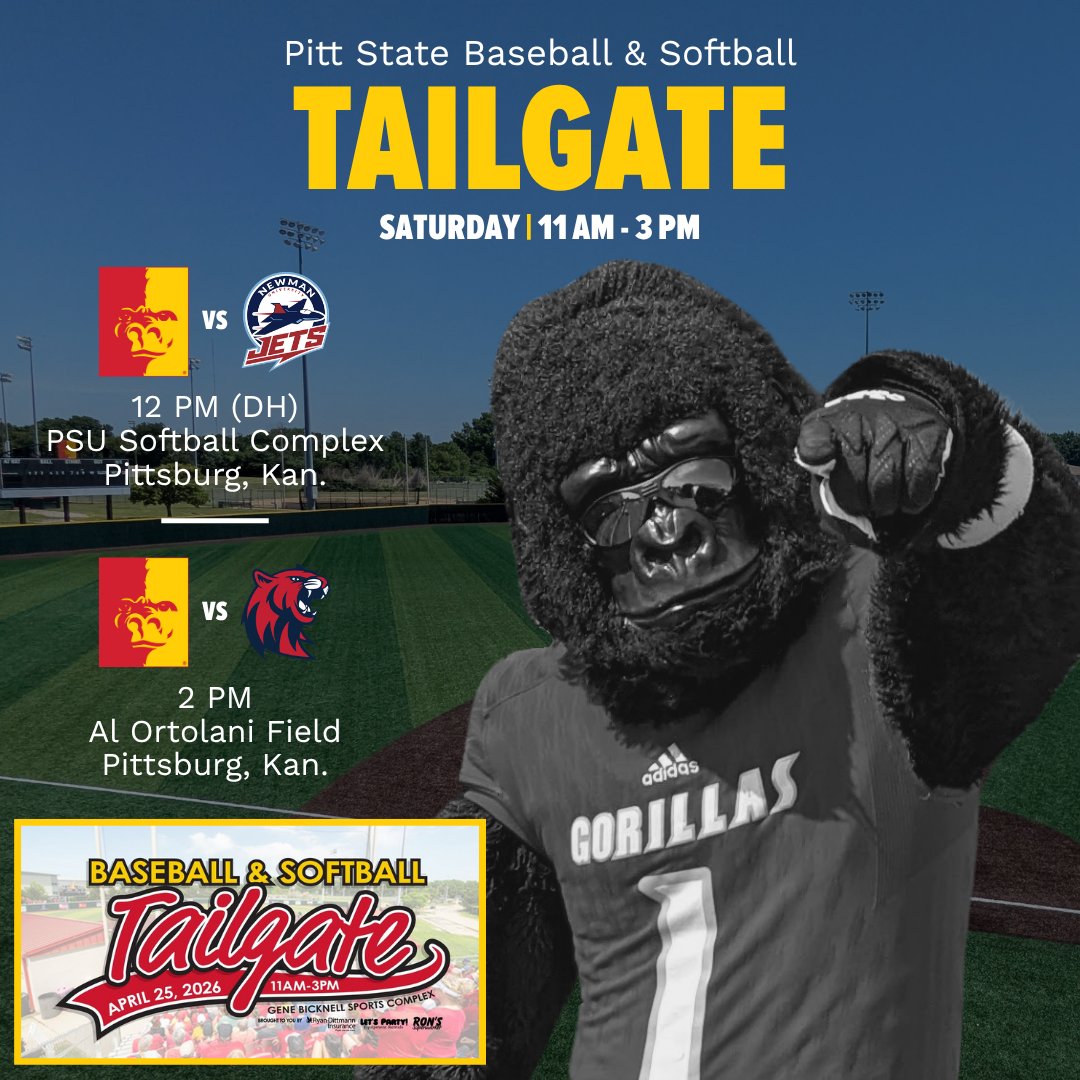 PittStGorillas's tweet photo. Be at the ballpark Saturday 🦍🥎⚾️

Free food. Great games. Bounce houses. Yard games. AND GUS‼️

DETAILS: https://t.co/vH7jTPf55d

@Gorilla_SFB|@GorillasBSB|@pittstate https://t.co/wIfeTAhdbF