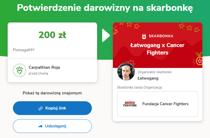 PomagaMY💪

Zachęcamy do wpłaty na szczytny cel: siepomaga.pl/latwogang. Każda wpłata i każde udostępnienie może zdziałać cuda.

#CancerFighters #CarpathianRoja