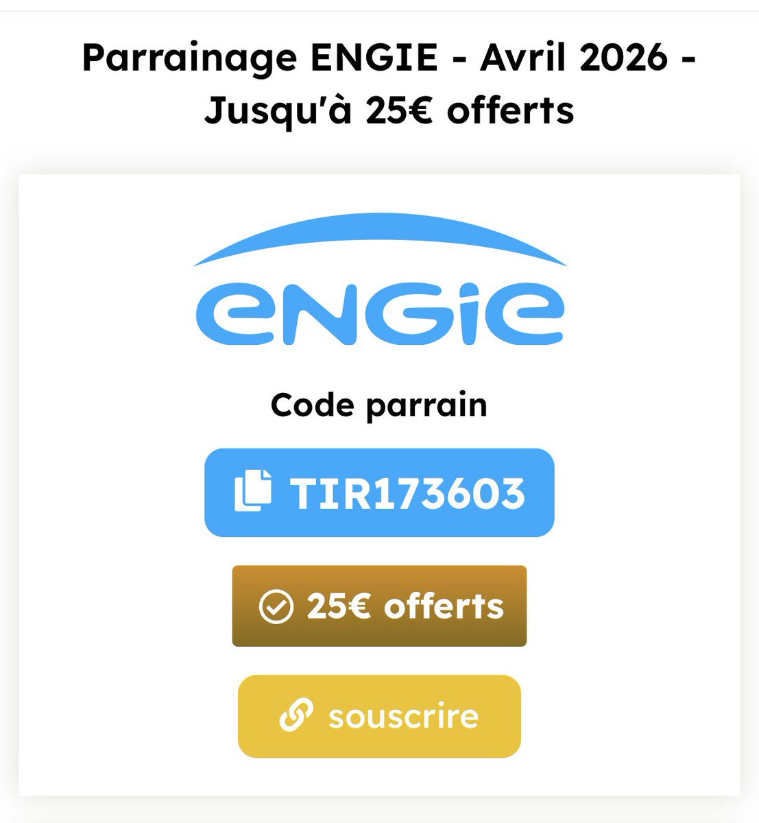 Celesta02's tweet image. ⚡️Code parrainage 🔵𝗘𝗡𝗚𝗜𝗘 (électricité et/ou gaz) : 

✅ Prime de 2️⃣5️⃣€ offerte !👍

‼️En plus de l’offre promo en vigueur =&amp;gt; électricité remboursée à 50% l’après-midi ‼️

Les infos ℹ️ et le lien 🔗 ici :

#Engie  #promo #lesflammes

offresparrainages.fr/parrainage-ene…