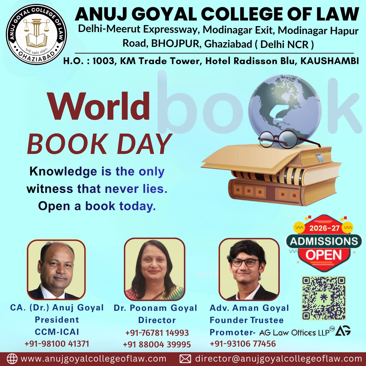 anujgoyallaw's tweet image. 📚✨ World Book Day ✨📚

Knowledge is the only witness that never lies.
Open a book today and unlock a world of wisdom, imagination, and growth. 🌍

#WorldBookDay #ReadingMatters #KnowledgeIsPower #AGCL #AdmissionsOpen
