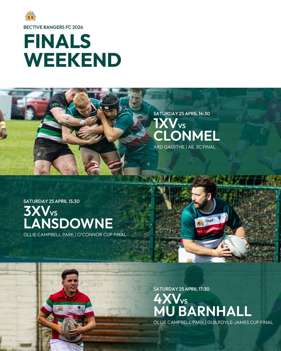 BectiveRangers's tweet photo. SUPER SATURDAY | TRIPLE BECTIVE FINALS

The final weekend of rugby action and it’s all to play for as Bective seek league and cup glory. 

All season has been building to this weekend so all support is needed for one final push.

Hon Bective 🇧🇬 https://t.co/KtsLaWjdA9