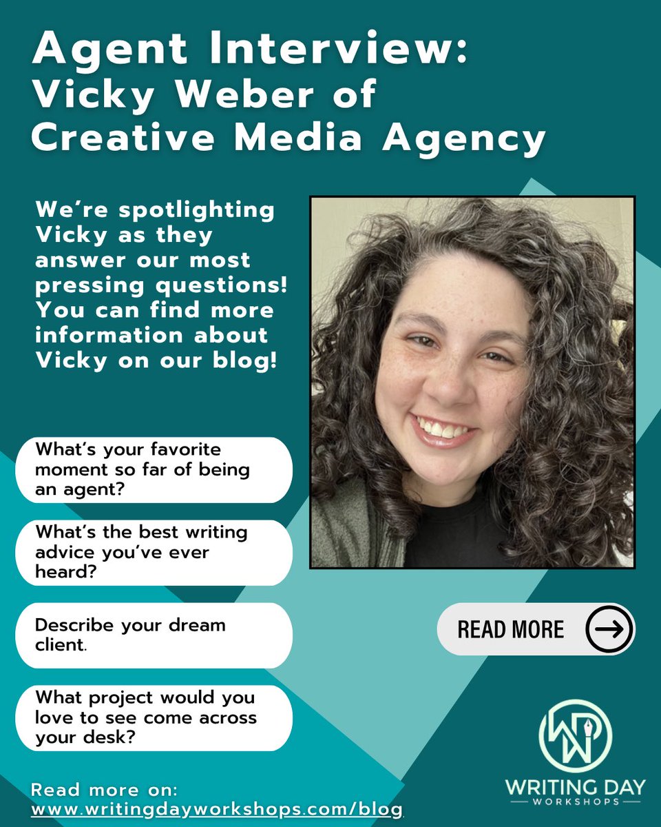 writingdaywksp's tweet image. AGENT INTERVIEW: Vicky Weber of Creative Media Agency!

Vicky answers some of our most pressing questions and discusses their best advice for authors hoping to make it!

Learn more on our blog: 
writingdayworkshops.com/blog

#writing #writer #amwri̇ti̇ng #amquerying #literaryagent
