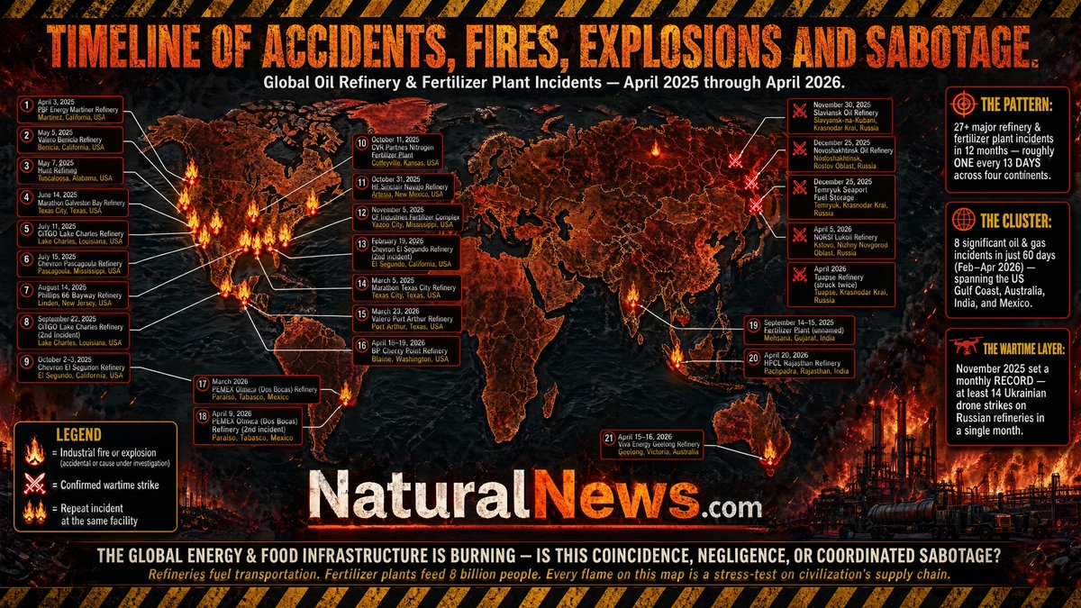 I've put together the complete world map of all the oil refinery and fertilizer plant fires, accidents, explosions and possible sabotage over the last 12 months. This map is well-sourced, and includes the full timeline, location and facility name impacted. We don't know, of