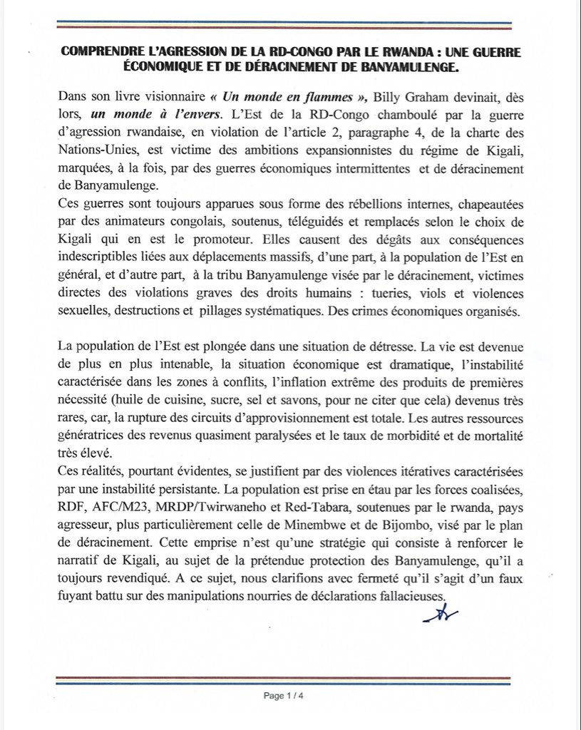 RukemaLevis's tweet photo. L’Est de la #RDC chamboulé par la guerre d’agression par le #Rwanda, est victime des ambitions expansionnistes de celui-ci.
Au-delà des prétextes tels qu’avancés par l’agresseur, quoi de plus juste et humain de faire comprendre au monde que cette guerre d’agression de la #RDC, par le #Rwanda, vise un double objectif: le pillage des ressources minières congolaises, et le déracinement de Banyamulenge, de leur terroir. Tel est témoigné par le triste événement qui est advenu à Uvira, lorsque les éléments de l’AFC/M23, étaient contraints à se retirer de la ville. Le gouvernement congolais et la communauté internationale comprendront que, la même situation est en téléchargement à Minembwe et à Bijombo, où les populations sons sous l’emprise de forces d’occupations, à cause desquelles, la rupture des circuits d’approvisionnement est totale. La population étant dans une misère indescriptible. Dans le même état d’âme, nous signalons que 
 les habitants de Rurambo sont cantonnés dans un camp des déplacés internes, dans le terroir, fiel de leurs ancêtres.
@Fatshi13_pro5 
@SuminwaJudith 
@shabani_lukoo 
@VPMDefenseRdc 
@Alexis_Gisaro66 
@PatrickMuyaya