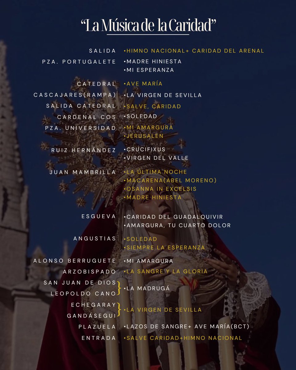 sentircofradevl's tweet photo. 𝐋𝐀 𝐌𝐔́𝐒𝐈𝐂𝐀 𝐃𝐄 𝐕𝐀𝐋𝐋𝐀𝐃𝐎𝐋𝐈𝐃 |
Estas fueron las marchas que la @BandaCisternig interpretó el pasado #JuevesSanto tras la #VirgendelaCaridad . Un repertorio que intercala marchas alegres y de corte más serio , adaptando el corte alas calles del recorrido. https://t.co/E8GTMkzm3s