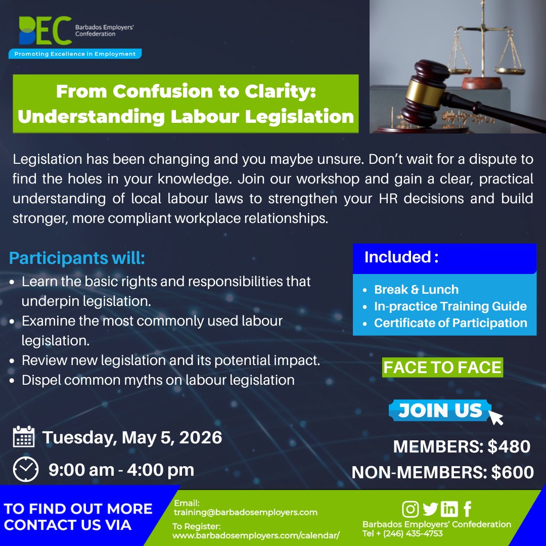 BecBusiness's tweet image. Join us for this upcoming training workshop.

To register: barbadosemployers.com/events/underst…

#labourlaw #barbados #humanresources #barbadosemployerconfederation