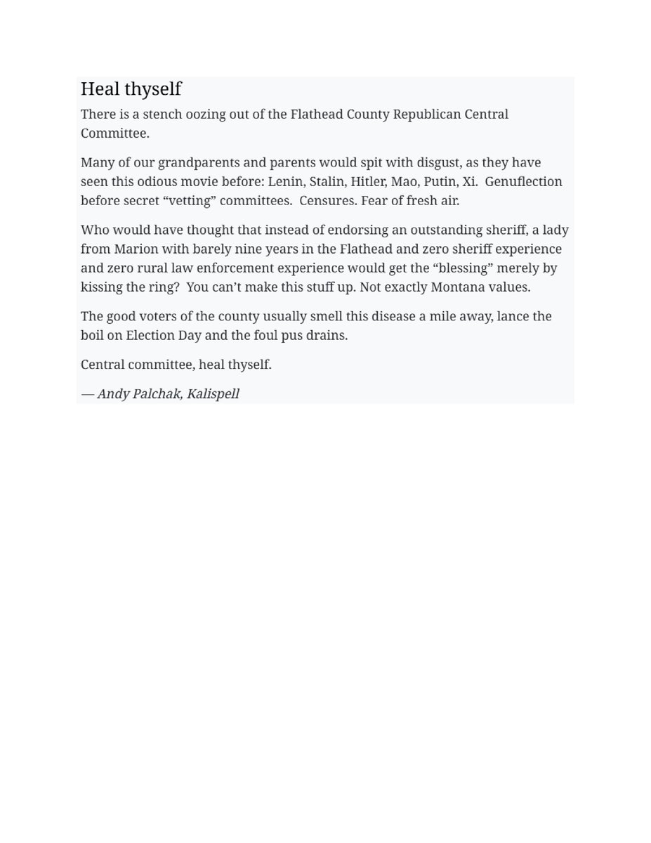 MTValues's tweet image. Excellent letter by Andy Palchak, in today's @DailyInterLake 

#mtpol @MTGOP @GOP @alformontana