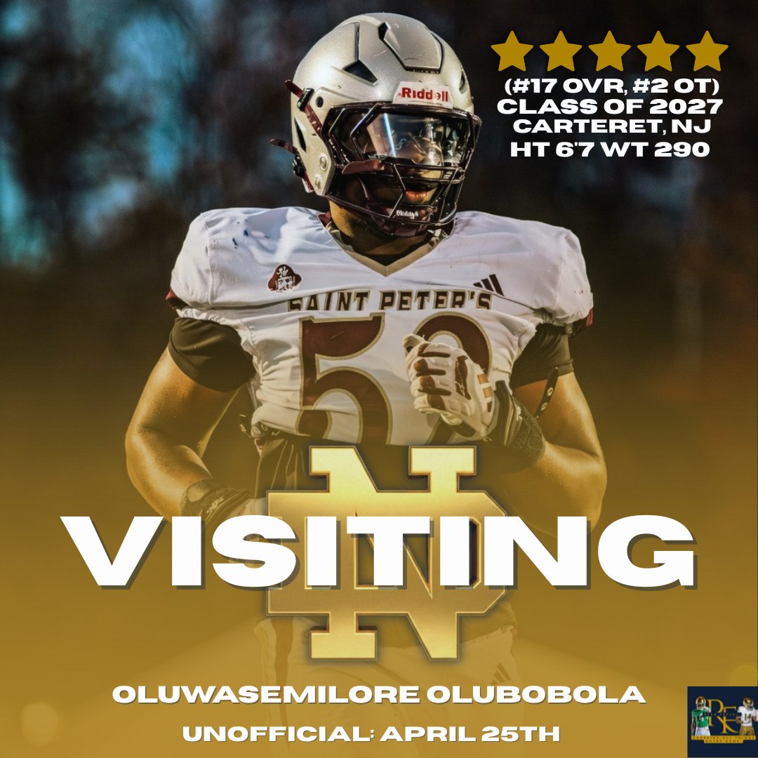 BREAKING: ELITE Class Of 2027 5⭐ OT Oluwasemilore Olubobola will unofficially visit Notre Dame this weekend, according to BGI's Mike Singer on Rivals' Inside Scoop!

This will be his first trip to South Bend.  Olubobola will be the 3rd 5⭐ to visit Notre Dame this week.

We'll