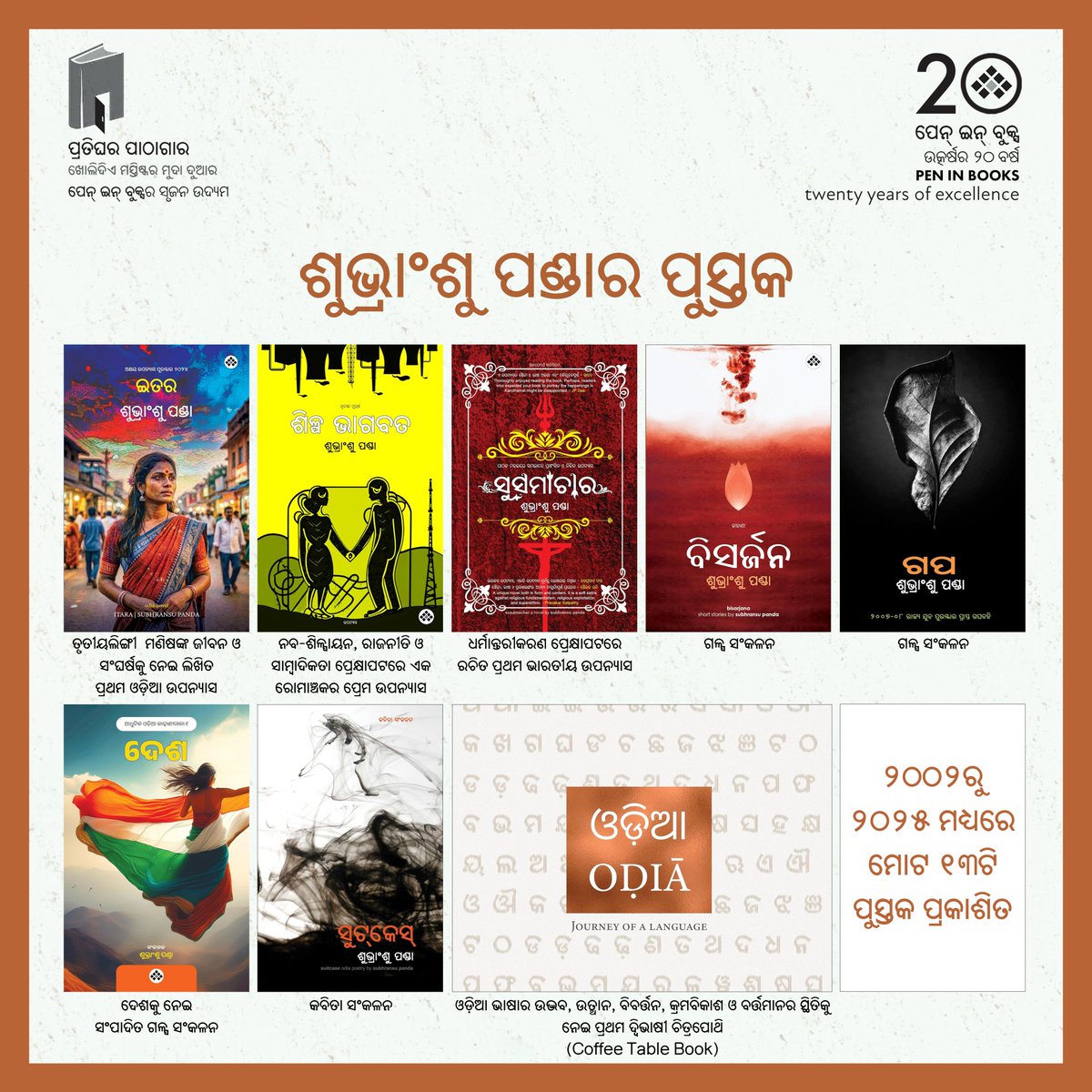 ଆଜି ବିଶ୍ବ ପୁସ୍ତକ ଦିବସ।
ଏ ଅବସରରେ ଓଡ଼ିଆ ପୁସ୍ତକର ପାଠକ ଓ ଓଡ଼ିଆ ସାହିତ୍ୟର ରସିକମାନଙ୍କୁ ଶୁଭେଚ୍ଛା।
ଜଣେ ଲେଖକ ପାଇଁ ନିଜର ସୃଜନ ହିଁ ସବୁଠୁ ବଡ଼ ସମ୍ପଦ। 
ଏତିକି ହିଁ ମୋର ନିଜର। ଆଉ ସବୁ ଅପରାପର।

ପୁସ୍ତକଗୁଡ଼ିକର ଆମାଜନ୍‌ ଲିଙ୍କ୍ amazon.in/stores/Subhran…

#BookDay #OdiaLiterature #SubhransuPanda 
#OdiaAsmita