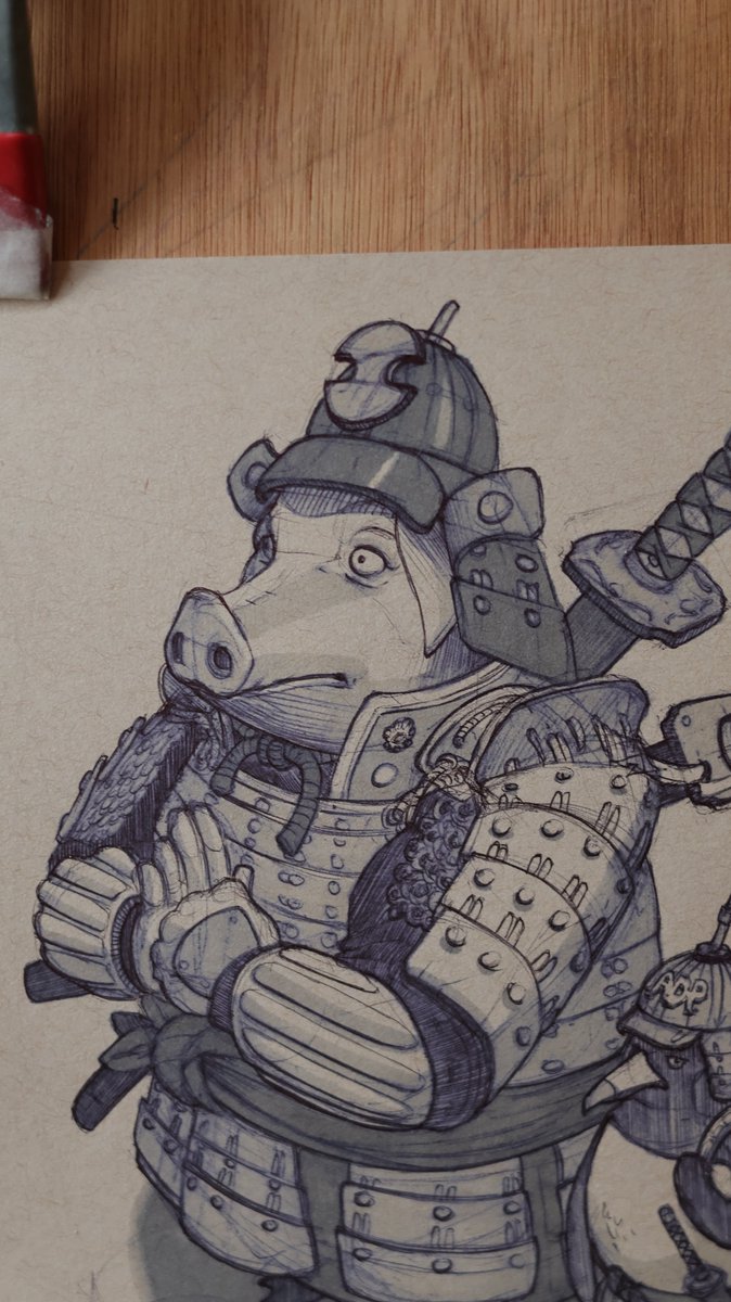 AndyDePooter's tweet photo. Ballpoint pen and marker sketches. I'm still a bit unfamiliar with the Japanese armor, but I'll get better at it soon. #sketchbook https://t.co/X02M0KTfzO