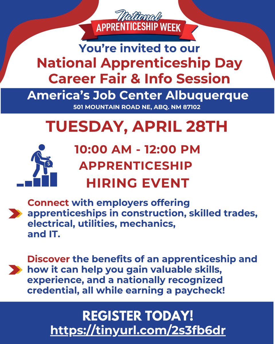 NMWorkforce's tweet photo. 🎉 We are celebrating National Apprenticeship Week on Tuesday, April 28 by hosting a hiring event featuring employers who will pay to train you and certify you in top skills! Register early to save your spot! Call 505-843-1900 to learn more. https://t.co/I04oYzxanF