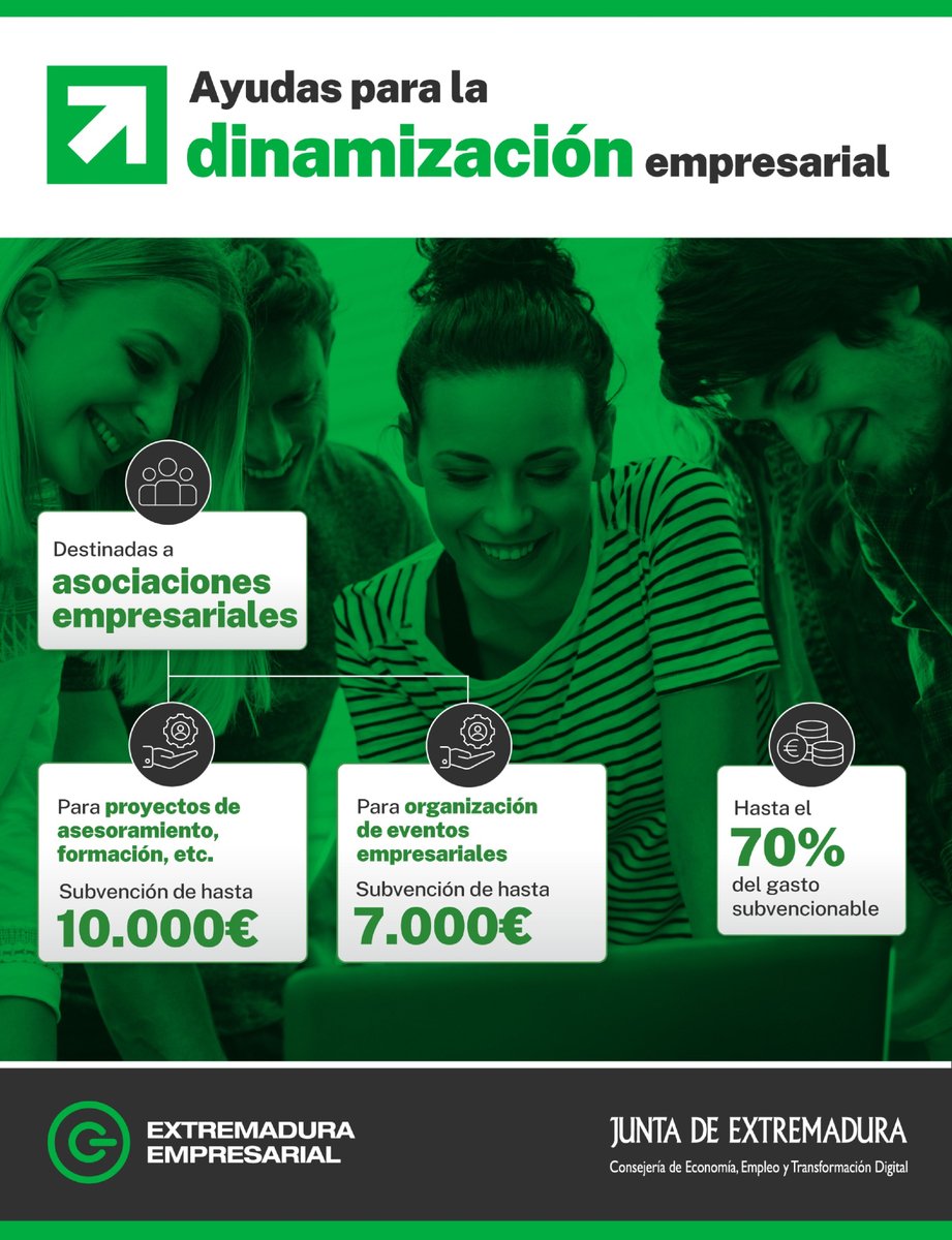 empresa_EXT's tweet photo. 🚀 Las ayudas para dinamización empresarial están abiertas.

💶 200.000 €
✔️ Hasta 70% financiación
✔️ Proyectos y eventos

👉 ¡Infórmate! https://t.co/BLzJYEUwUO https://t.co/ci4ALnHld2