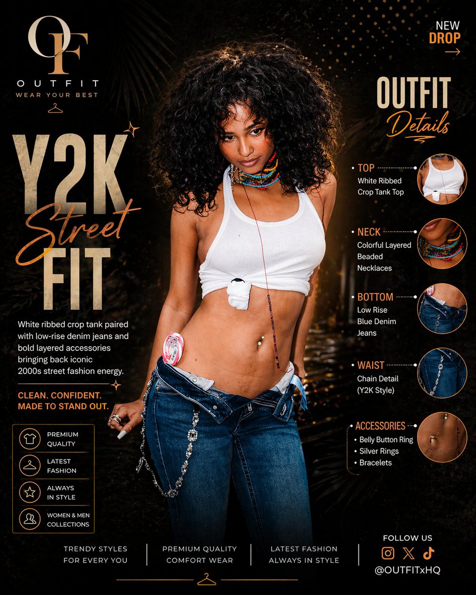 OUTFITxHQ's tweet image. Y2K Street Fit ✨ 
White ribbed crop tank x low-rise denim. Bold, effortless, iconic.
#Outfit #StreetStyle