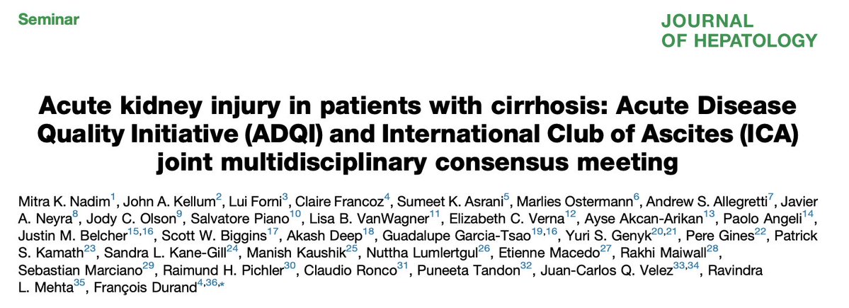 LESIÓN RENAL AGUDA EN CIRROSIS ‼️

📌LRA en cirrosis ( Criterios KDIGO) :  

a) aumento de la creatinina sérica ≥0,3 mg/dl en 48 h o ≥50% del valor basal que se sabe o se presume que ocurrió en los 7 días anteriores y/o producción de orina ≤0,5 ml/kg durante ≥6 h