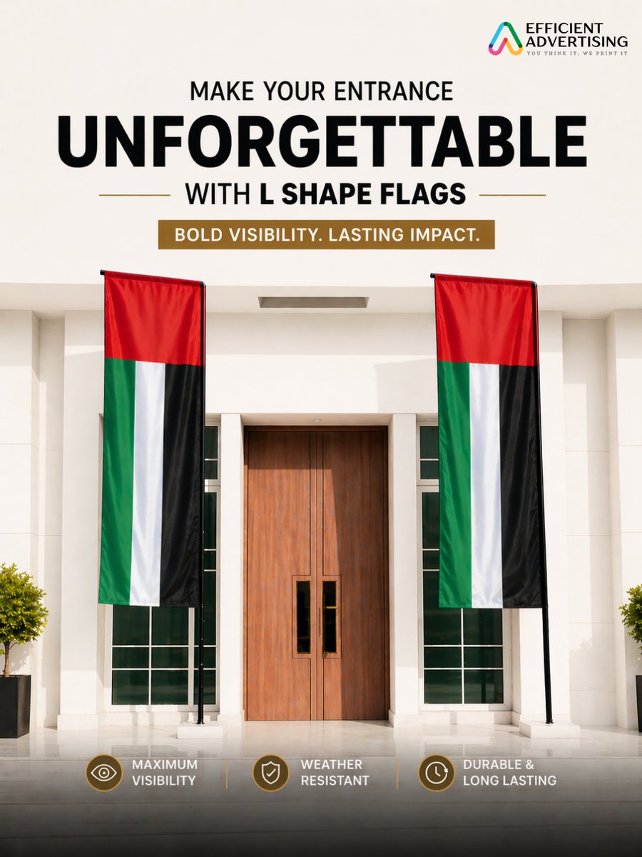 EfficientUAE's tweet image. L-shaped flags make your brand bold, visible, and impactful outdoors. Order yours today.

#LShapedFlags #OutdoorBranding #BrandPromotion #EventMarketing #EfficientAdvertising