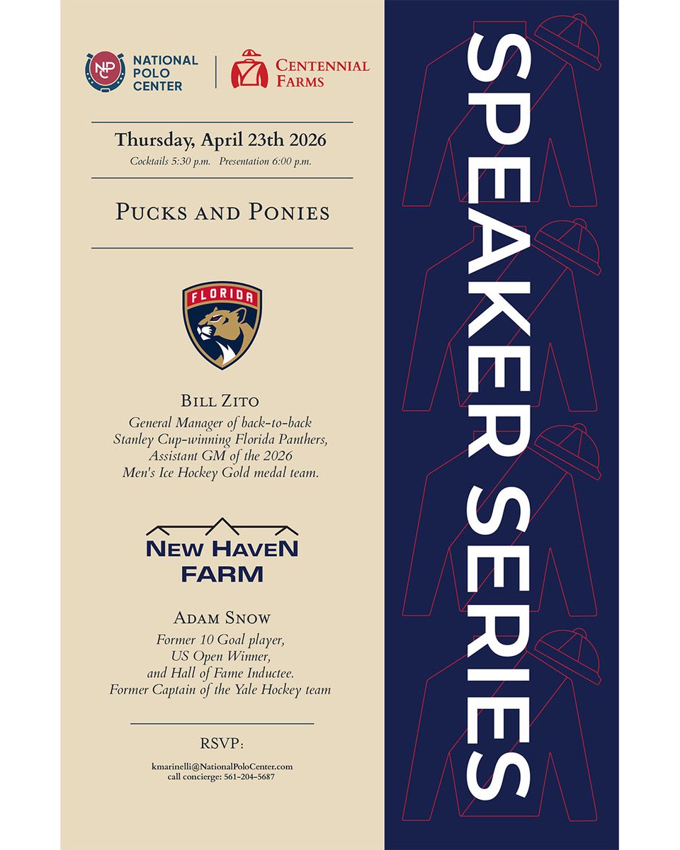 Centennial_Farm's tweet image. Don't forget - this year's @natpolocenter Speaker Series wraps this evening! Don't miss the grand finale - former @YaleMHockey teammates Bill Zito (@FlaPanthers, @usahockey) and Adam Snow (polo Hall of Fame). It promises to be an unforgettable evening. See you in #Wellington!
