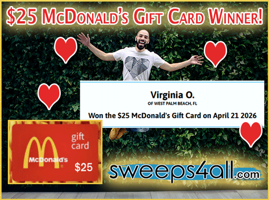 SweepsForAll's tweet image. 😊It's a Happy Meal kind of day for Virginia O. of  West Palm Beach, Florida, who is our latest #winner of the $25 McDonald's Gift Card on April 21, 2026!🍔🍟🏆

🆓Enter to #win Sweeps4All totally free!
🎁Get your FREE ENTRIES Today! 
👉ow.ly/tZVH50YOzSL