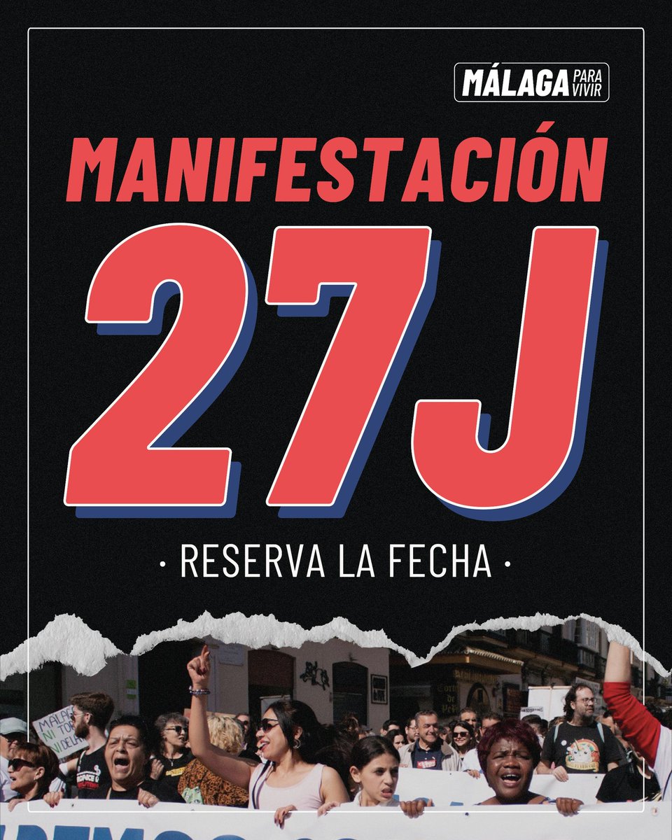 📣 MANIFESTACIÓN 

📆 27 DE JUNIO 

✨️ Reserva la fecha ✨️

Por el derecho a la vivienda, contra la precariedad y la destrucción del territorio 

Pronto + info

✨️ Reserva la fecha ✨️

#MálagaParaVivir