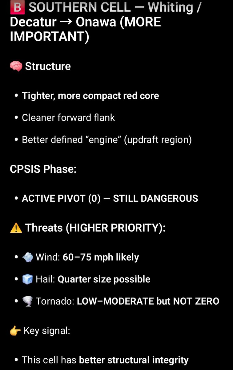 HEIS_Tswvlis's tweet image. 🔴 #CPSIS RED ALERT — SOUTHERN CELL DOMINANT (NW #IA)
Two storm areas:
⚠️ Northern cell (#Granville): weakening slightly
⚠️ Southern cell (#Whiting/#Onawa): stronger &amp;amp; more organized
Main threats:
💨 Damaging winds 60–75 mph
🧊 Quarter-size hail
🌪️ Brief spin-up possible

4/23/26
