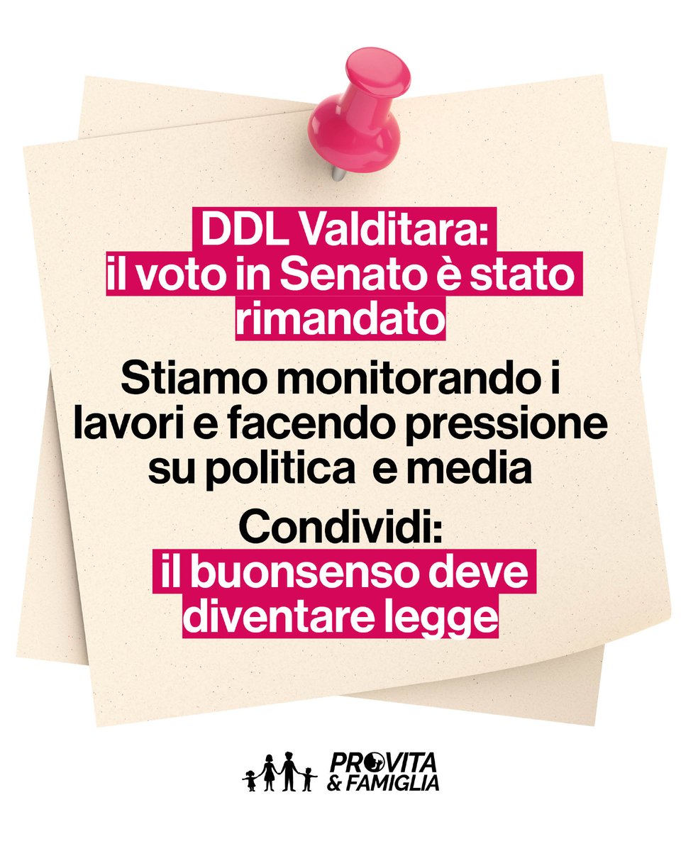 ProVitaFamiglia's tweet photo. Il Senato ha rimandato il voto sul DDL Valditara. Non ci fermiamo, continuiamo a fare pressione e a tenere alta l'attenzione su una legge che le famiglie italiane aspettano da anni.

Ecco cosa prevede la legge che vogliono bloccare👇
Per qualsiasi progetto sulla sessualità, la scuola dovrà chiedere il tuo consenso scritto almeno 7 giorni prima, metterti a disposizione tutto il materiale didattico e comunicarti chi sono gli esperti esterni coinvolti.

Se scegli di non far partecipare tuo figlio, la scuola è tenuta a garantirgli attività formative alternative - senza esclusioni, senza penalizzazioni.

Per la scuola dell'infanzia e le elementari il divieto è assoluto: nessuna attività su temi legati alla sessualità. E gli esperti esterni non potranno più entrare in classe senza l'approvazione degli organi scolastici - niente più attivisti travestiti da esperti, decisi da qualcuno sopra la testa dei genitori.

In sostanza: questa legge restituisce ai genitori il diritto di sapere e decidere cosa viene insegnato ai propri figli. Un diritto che non avrebbe mai dovuto essere messo in discussione.

Il buonsenso deve diventare legge. Fai girare questo post #MioFiglioNO #DDLValditara #LibertàEducativa