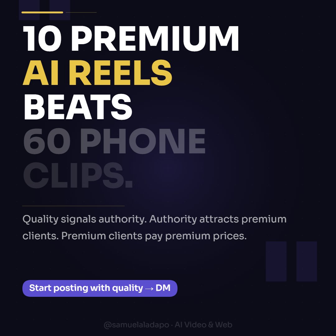 Samthereal79381's tweet photo. In Nigeria, volume is not a strategy. 

10 premium AI reels > 60 generic photos. One cinematic video > 30 phone clips. A sharp website > 100 WhatsApp DMs.
The logic:Quality = Authority. Authority = Premium Clients. Premium Clients = Premium Prices.
Are you playing the right game? https://t.co/TX66MwZZfG