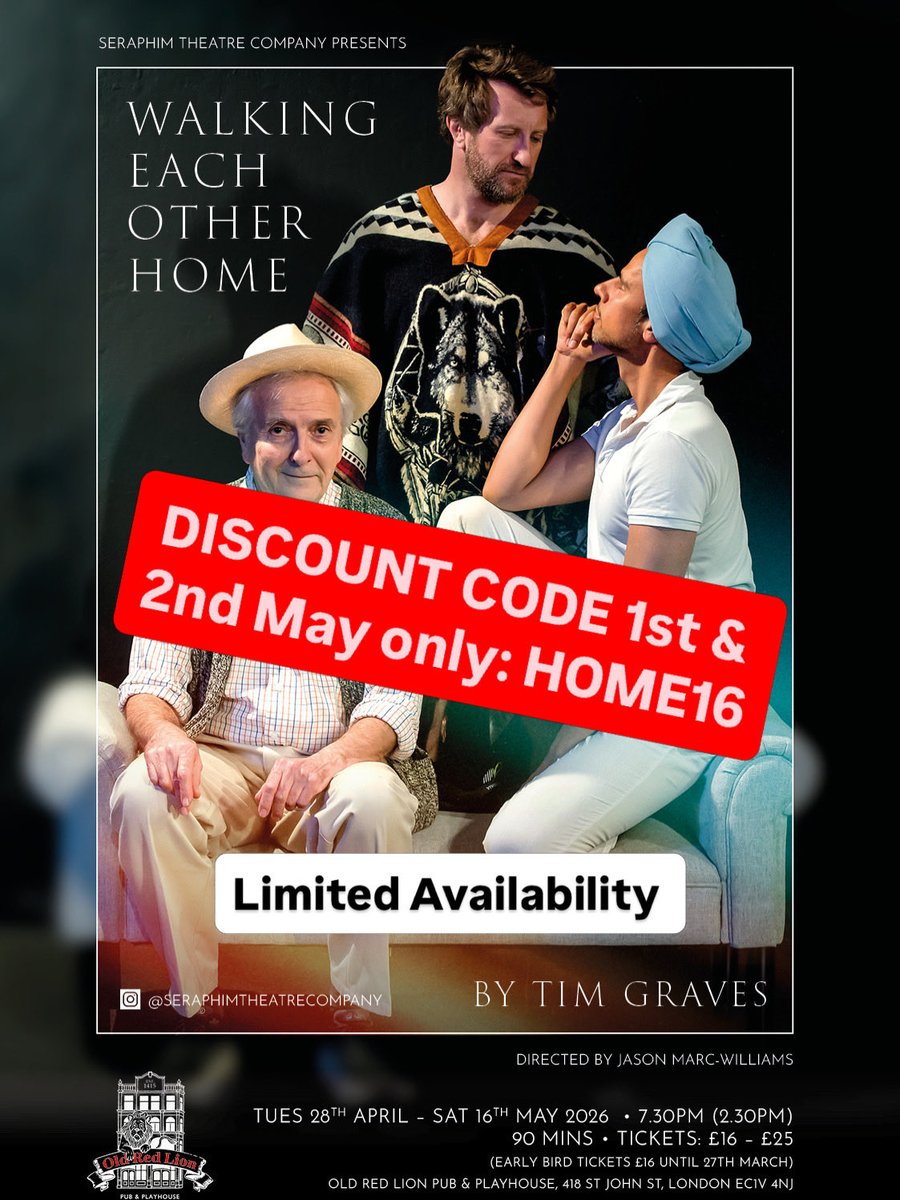 seraphimtheater's tweet image. HOME16 is the discount code for Friday 1st &amp;amp; Saturday 2nd May evening performances of ‘Walking Each Other Home’ @ORLTheatre in Angel, Islington.#londontheatre #lgbtq #islington #queertheatre
@QXMagazine @Gay_London_Life @pubtheatres1 @LDNPlaywrights @gaystheword