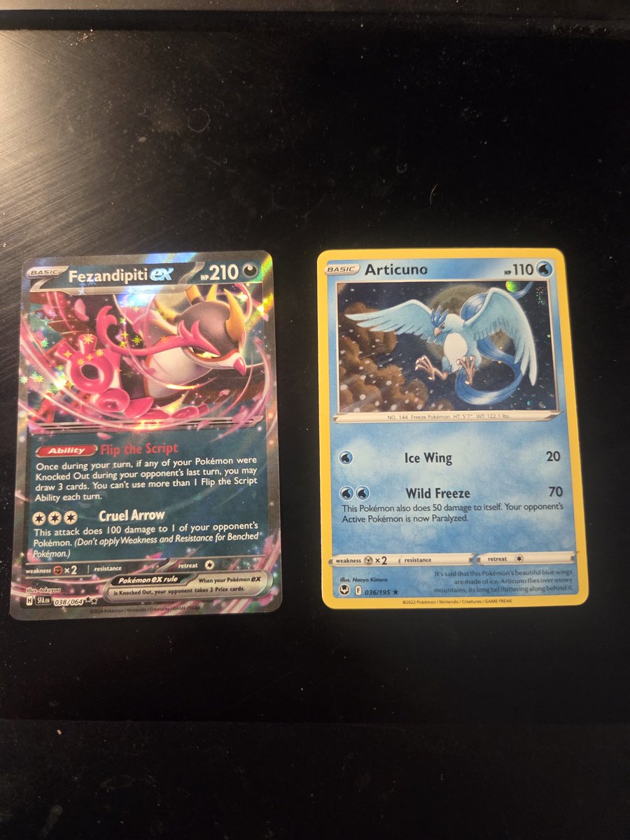 New givvy, 
Follow, like, repost to enter 

Articuno holo with a small swirl, and a fezandipiti ex from shrouded fable. 

Ends in 4 days