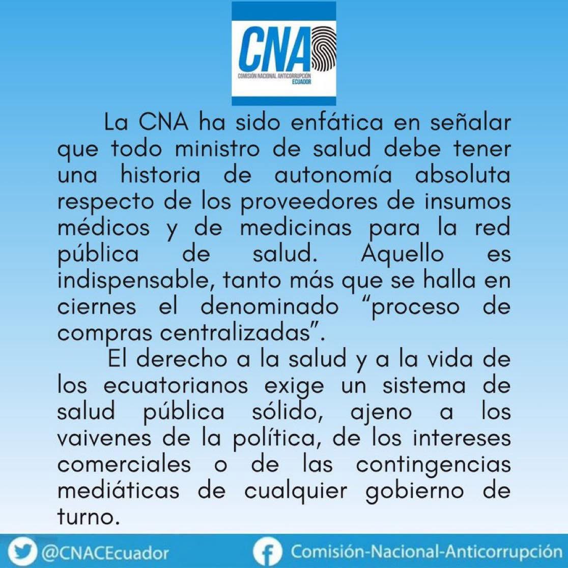 Una advertencia de la <a href="/CNACEcuador/">Anticorrupcion.Ec</a> sobre la designación del nuevo ministro de salud. La voz de una de las pocas instancias que se ha ganado el espacio moral para orientar a Ecuador. Estimado <a href="/DanielNoboaOk/">Daniel Noboa Azin</a>, no desoiga esta opinión de muy alto valor ético,