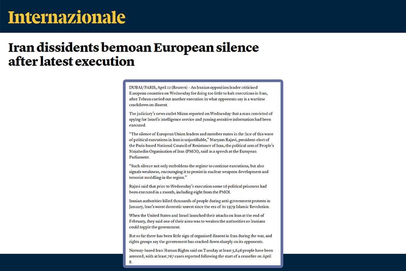 Rajavi_Iran_E's tweet image. Iran dissidents bemoan European silence after latest #execution
⬇️
internazionale.it/ultime-notizie…
“The silence of European Union leaders and member states in the face of this wave of political executions in Iran is unjustifiable,” @Maryam_Rajavi , president-elect of the Paris-based