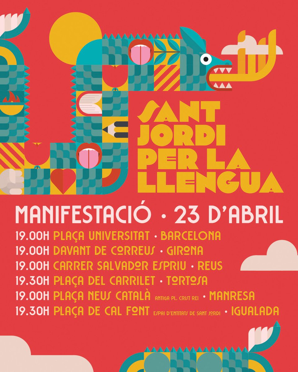 CDRCatOficial's tweet photo. 👊 Aturem el genocidi cultural i lingüístic que l'espanyolisme practica contra nosaltres. Les manifestacions d'aquesta tarda són per denunciar-ho i per defensar el català amb sant Jordi com a símbol.

🐲Mori el drac i visca Sant Jordi! 🌹📙
Visca Catalunya i visca el català II*II https://t.co/O61idTojjx