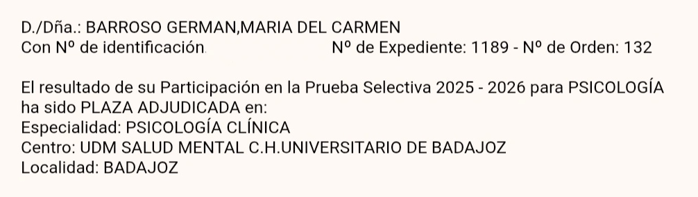 mcarmenbarroso's tweet photo. Es una realidad 🥹 R1 de Psicología Clínica en H.Universitario de Badajoz! https://t.co/8oiyYdr9ge