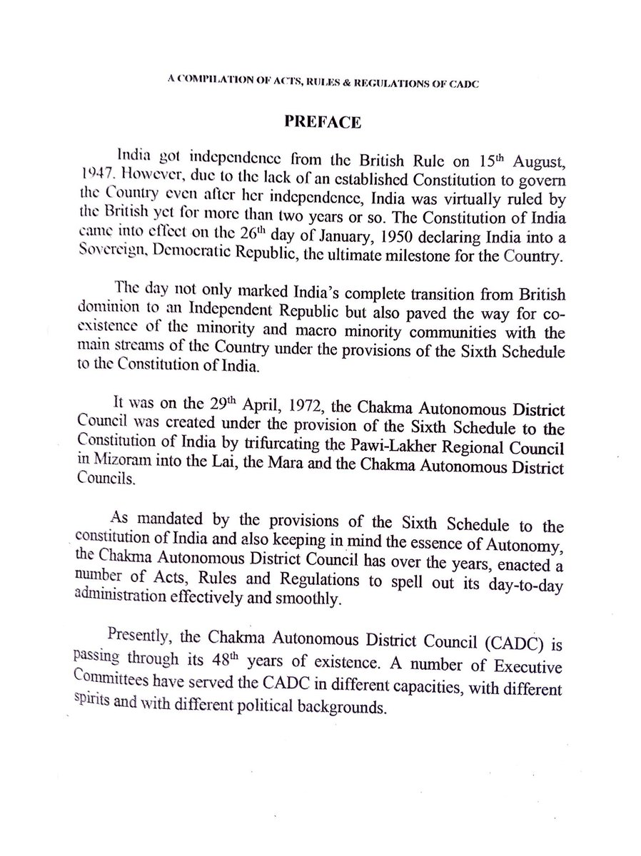 sumanchakma's tweet photo. Glad to receive the Revised Edition (2026) of the "𝘾𝙤𝙢𝙥𝙞𝙡𝙖𝙩𝙞𝙤𝙣 𝙤𝙛 𝘼𝙘𝙩𝙨, 𝙍𝙪𝙡𝙚𝙨 &amp; 𝙍𝙚𝙜𝙪𝙡𝙖𝙩𝙞𝙤𝙣𝙨 𝙤𝙛 𝙩𝙝𝙚 Chakma Autonomous District Council", published by the District Council Secretariat, CADC, Mizoram. https://t.co/eMLINQgPN9