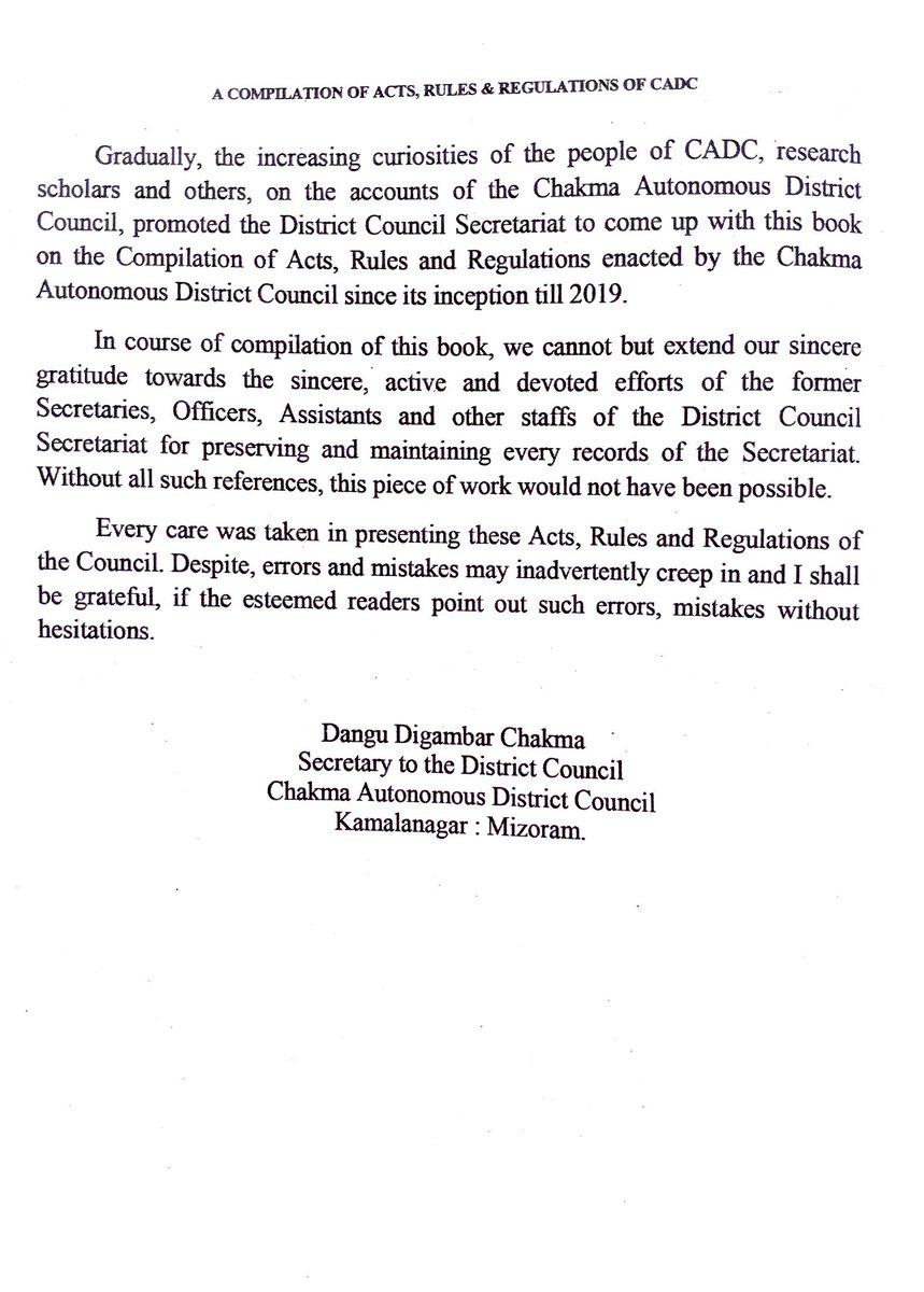sumanchakma's tweet photo. Glad to receive the Revised Edition (2026) of the "𝘾𝙤𝙢𝙥𝙞𝙡𝙖𝙩𝙞𝙤𝙣 𝙤𝙛 𝘼𝙘𝙩𝙨, 𝙍𝙪𝙡𝙚𝙨 &amp; 𝙍𝙚𝙜𝙪𝙡𝙖𝙩𝙞𝙤𝙣𝙨 𝙤𝙛 𝙩𝙝𝙚 Chakma Autonomous District Council", published by the District Council Secretariat, CADC, Mizoram. https://t.co/eMLINQgPN9